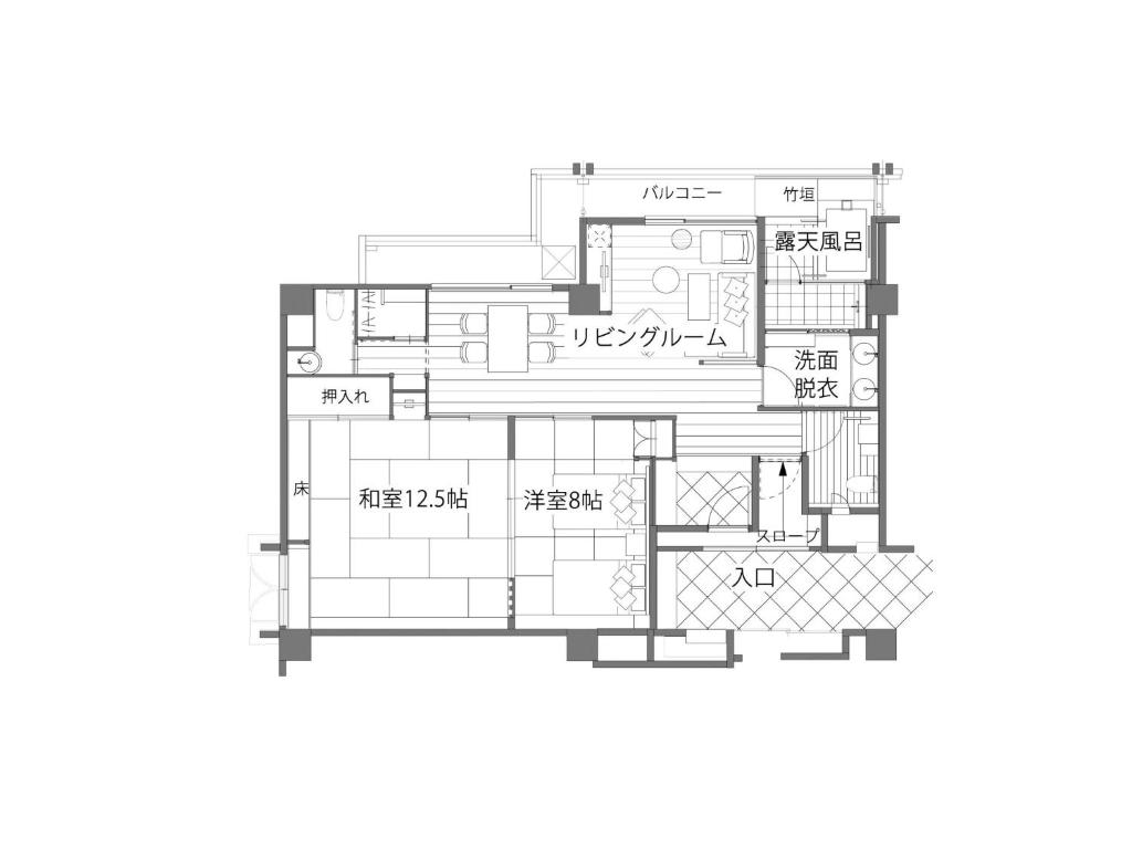 un plan d'étage d'une maison dans l'établissement Arima Hot Spring Ryokan Hanamusubi, à Kobe
