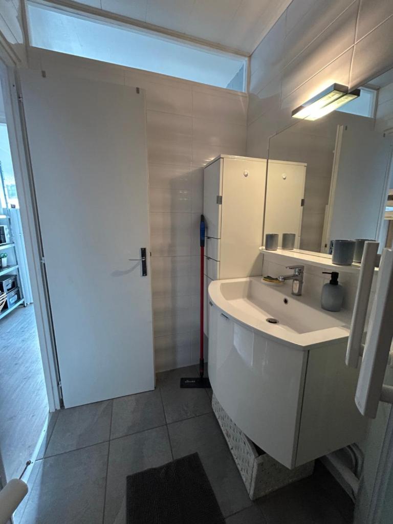 une salle de bain blanche avec un lavabo et un miroir dans l'établissement Au pied des pistes Côte 2000 - Le Balcon de Villard de Lans, à Villard-de-Lans 37 autres photos
