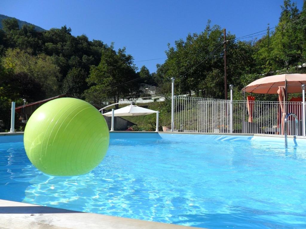 une grande boule verte dans une piscine dans l'établissement CAMPING PANORAMIQUE du VERDON, à Castellane