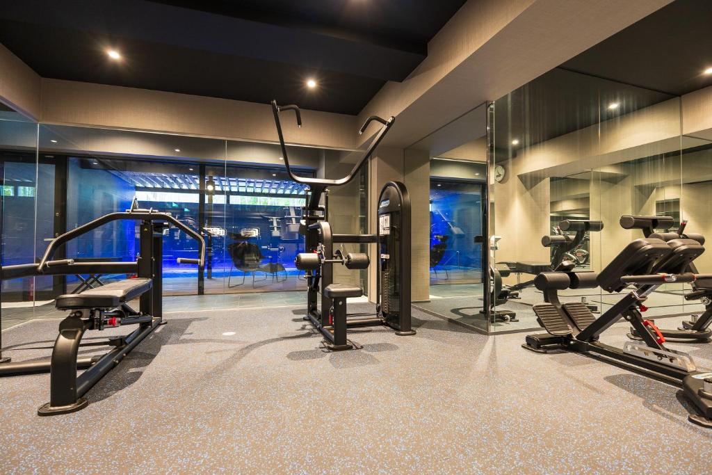 une salle de sport avec des équipements cardio dans un bâtiment dans l'établissement Kinnotake Tonosawa (Adult Only), à Hakone