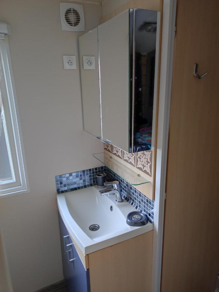 une salle de bain avec un lavabo et un miroir dans l'établissement Camping La Marine, au Grau-du-Roi