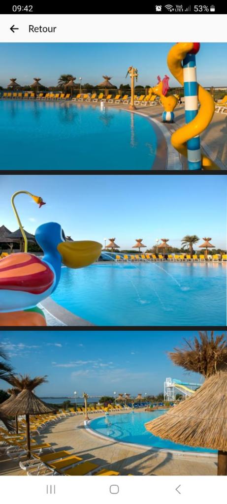 - deux photos d'un parc aquatique avec un complexe dans l'établissement Le lac des rêves à Lattes, à Lattes