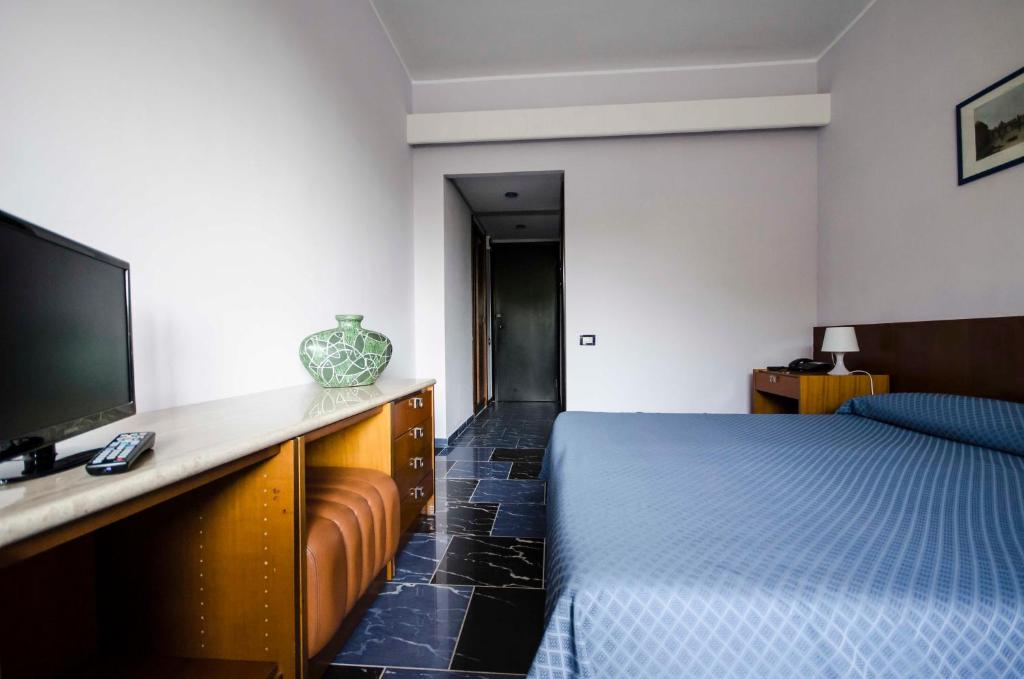 une chambre d'hôtel avec un lit et une télévision dans l'établissement Grand Hotel Helios, à Tarquinia