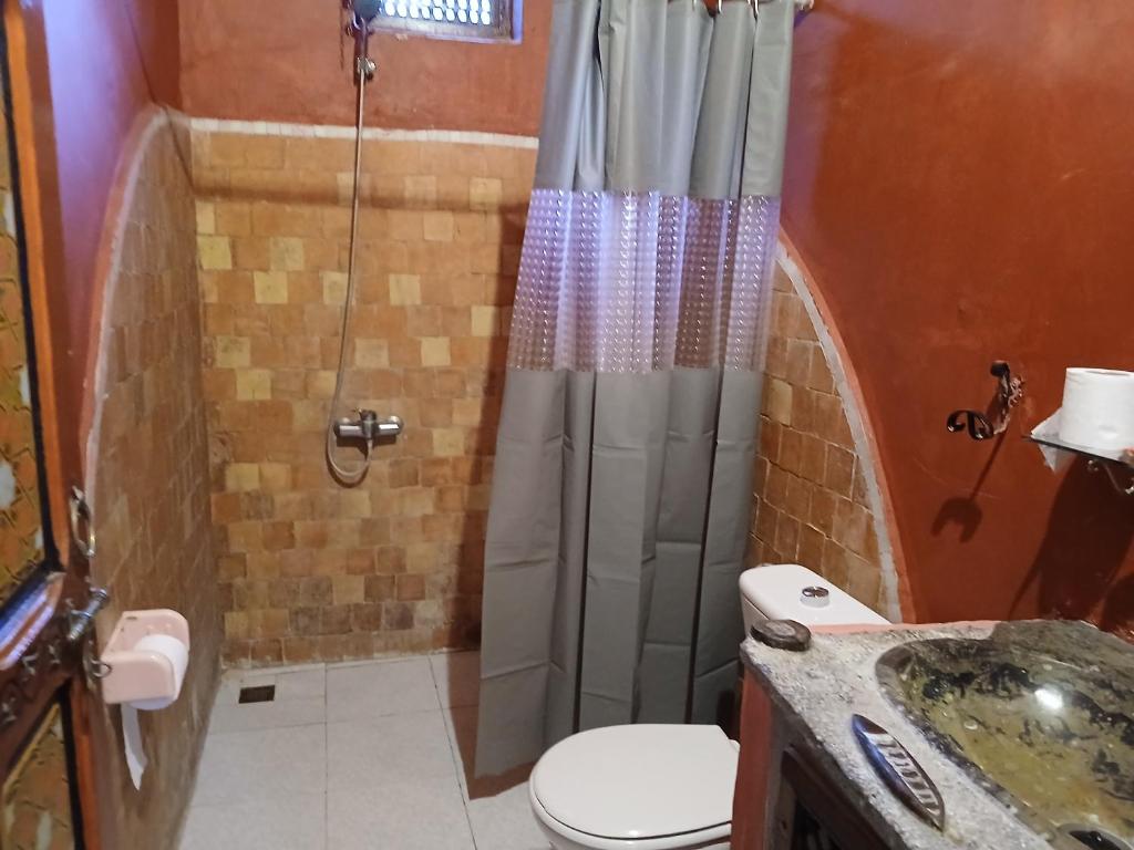 une salle de bain avec une douche avec des toilettes et un lavabo dans l'établissement Riad Idrissi, à Meknès 34 autres photos