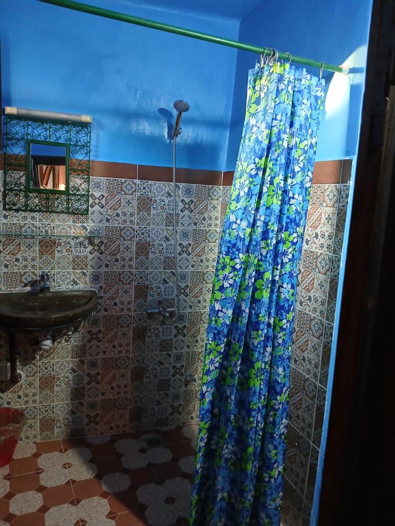 une salle de bain avec une douche avec un rideau de douche bleu dans l'établissement Riad Idrissi, à Meknès