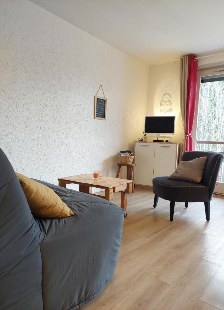 un salon avec un canapé et une table dans l'établissement Appartement calme et apaisant, à Saint-Jean-dʼAulps