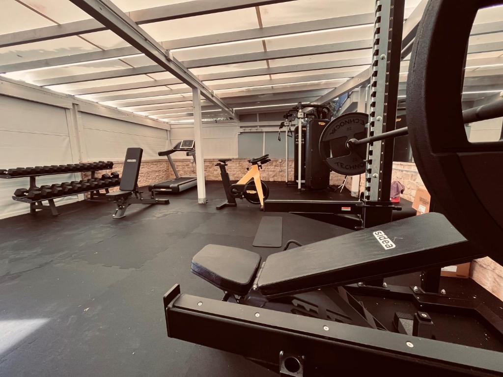 - une salle de sport avec plusieurs tapis de course et machines dans l'établissement Hotel Lafayette, à Giovinazzo