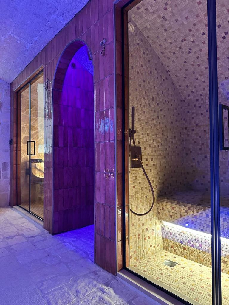 La salle de bains est pourvue d'une douche avec un éclairage violet. dans l'établissement Midi Pool Villa & SPA, à Veglie