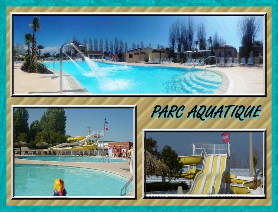 un collage de photos d'une grande piscine dans l'établissement Azur 77, à Fréjus