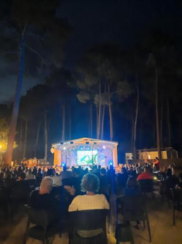 Une foule de gens qui regardent un concert la nuit dans l'établissement MH 477 CASITA 3 chambres 1 salle de bain dans camping 4 étoiles avec parc aquatique, à Saint-Julien-en-Born