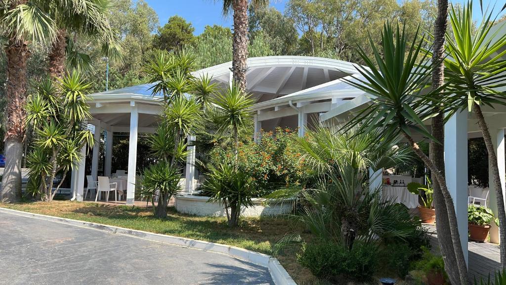 une maison blanche avec des palmiers devant dans l'établissement Hotel Borina by Isola dei sapori, à Foce Varano