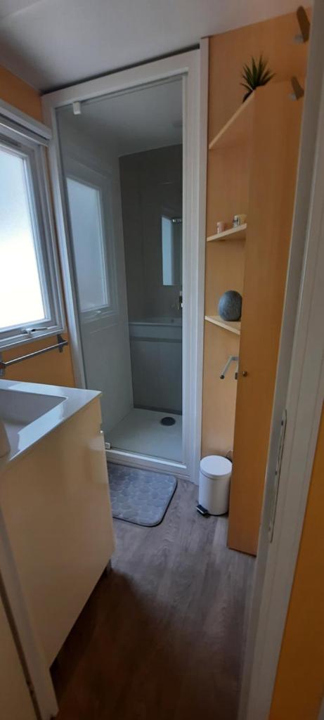 une salle de bain avec une douche avec des toilettes et un lavabo dans l'établissement Camping Domaine des iscles, à La Roque-dʼAnthéron