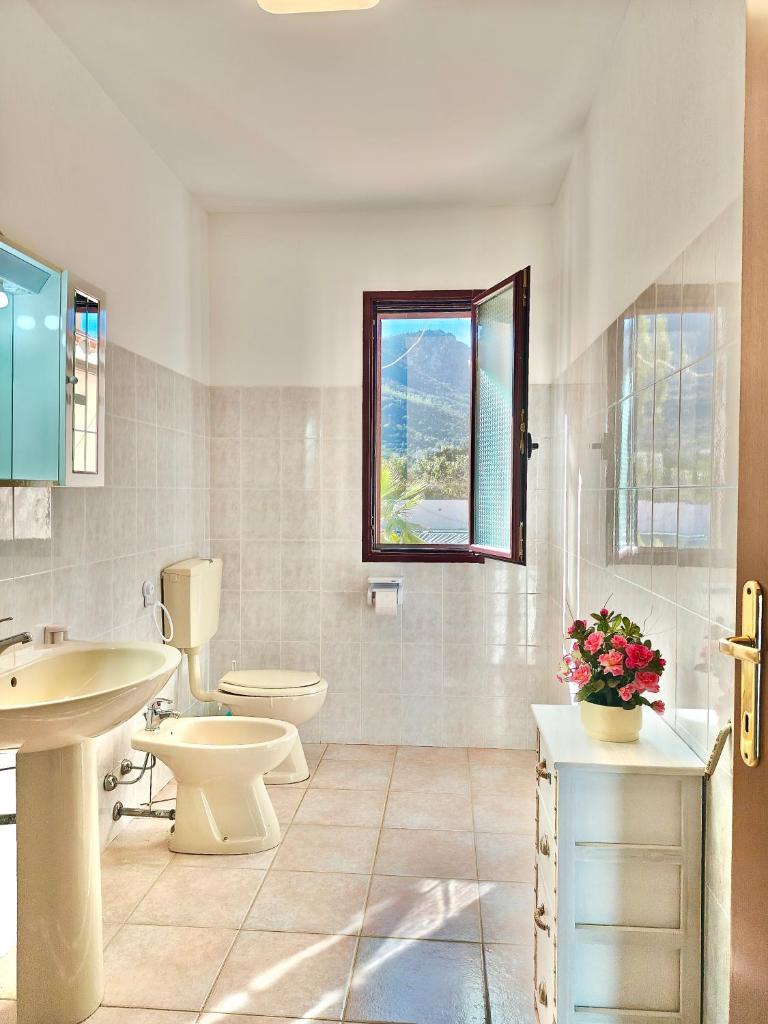 une salle de bain avec un lavabo et des toilettes et une fenêtre dans l'établissement Villa IS CARCURIS Jennas, à Cardedu