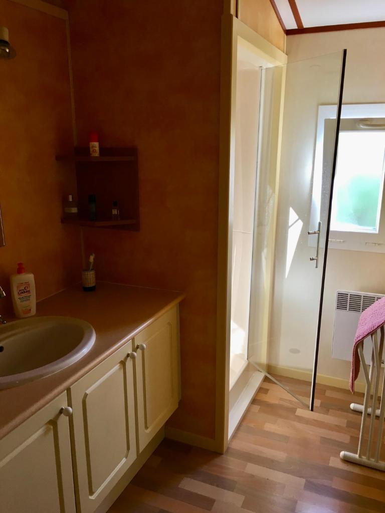 une salle de bain avec un lavabo et une douche avec une fenêtre dans l'établissement Escale vendéenne, à Brem-sur-Mer