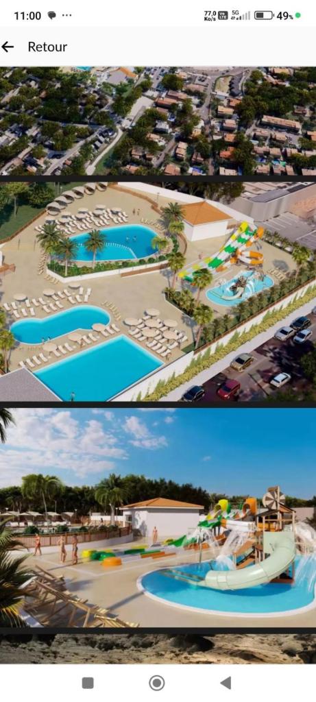 un collage de deux photos d'un parc aquatique dans l'établissement MOBIL HOME Neuf FRONT DE MER TOUT CONFORT 5 LITS 6 personnes CARRY LE ROUET, à Carry-le-Rouet