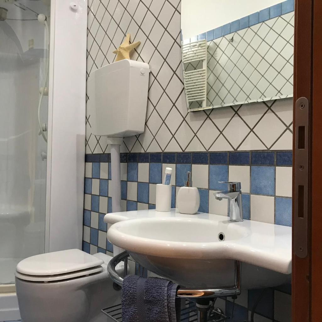 une salle de bain avec un lavabo, des toilettes et un miroir dans l'établissement Pompei Home & Green Luxury Apartment, à Boscoreale