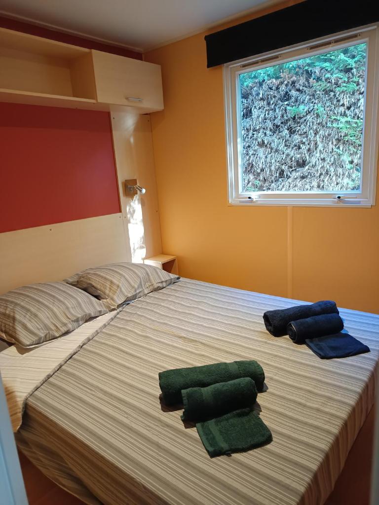 - une chambre avec un lit et 2 serviettes vertes dans l'établissement Mobilhome dans camping 3 étoiles en Provence, à La Roque-dʼAnthéron