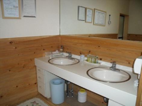 une salle de bain avec deux lavabos et un grand miroir dans l'établissement あじわいの心 金時山荘, à Hakone 37 autres photos