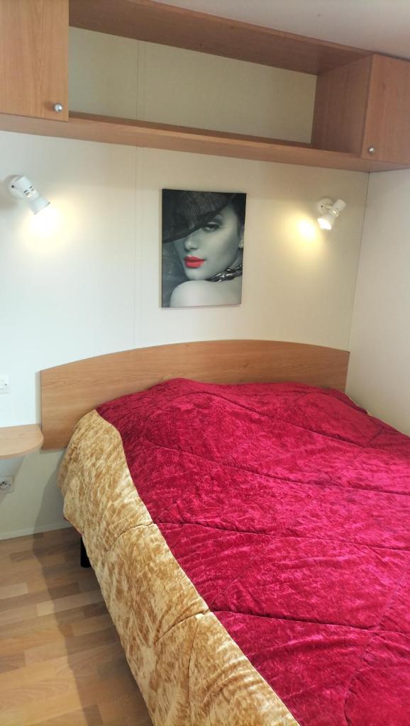 - une chambre dotée d'un lit rouge avec une photo sur le mur dans l'établissement Mobile Home à Louannec, à Louannec