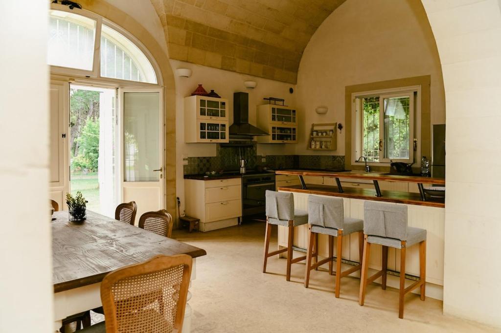 une cuisine avec une table, des chaises et un comptoir dans l'établissement Masseria Sant'Andrea, à SantʼAndrea