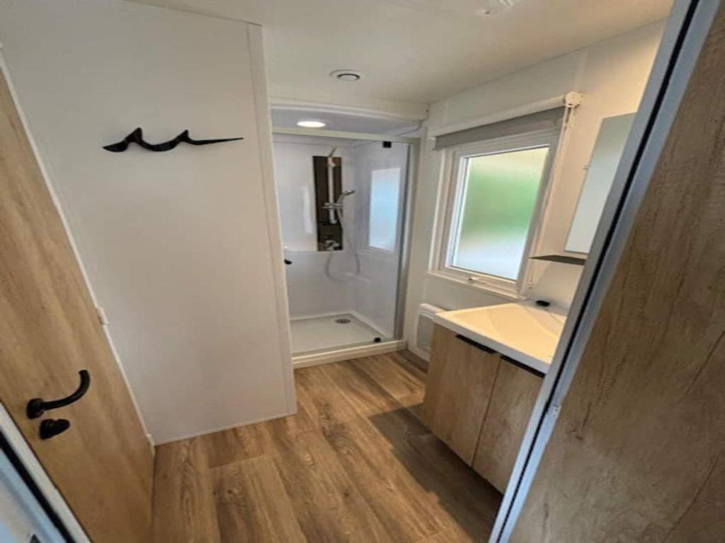 une petite salle de bain avec un lavabo et une douche dans l'établissement MH 6 pers cosy lits faits de 36M2, à Pont-Aven