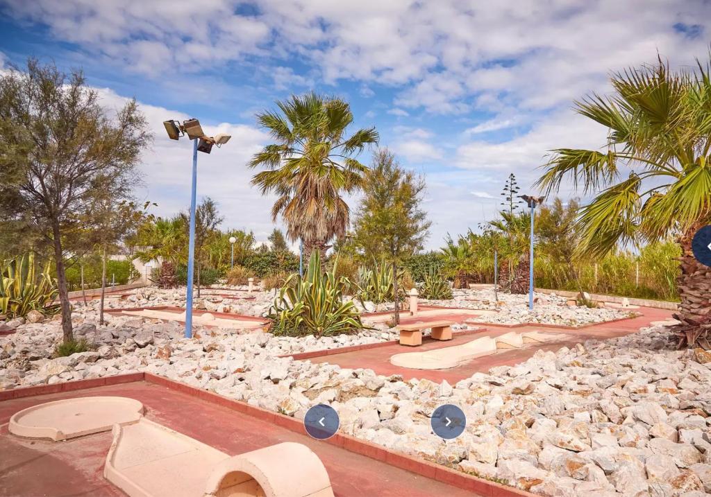 un parc avec un banc et quelques palmiers dans l'établissement Camping 5 Les Dunes Mobil-Home 6Pers, à Torreilles