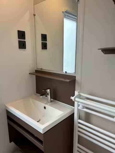 une salle de bain avec un lavabo et un miroir dans l'établissement Camping 5 Les Dunes Mobil-Home 6Pers, à Torreilles
