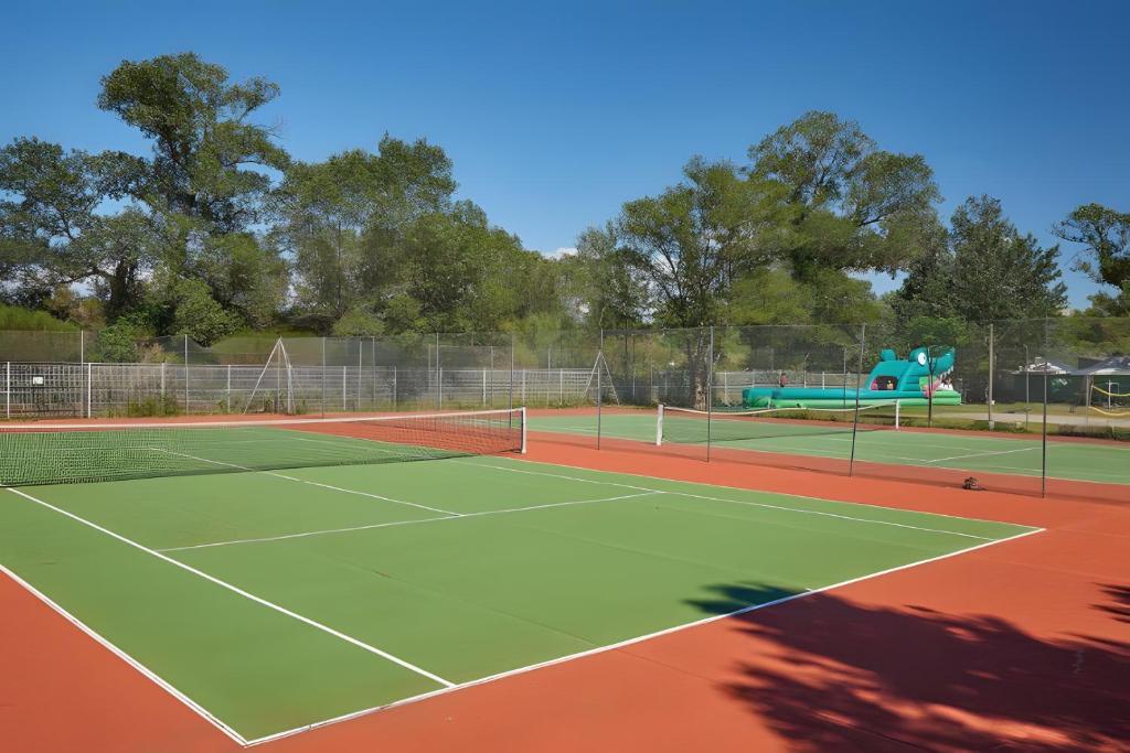 un court de tennis avec une aire de jeux en arrière-plan dans l'établissement Mobil-home - Le 147 aux Iscles, à La Roque-dʼAnthéron