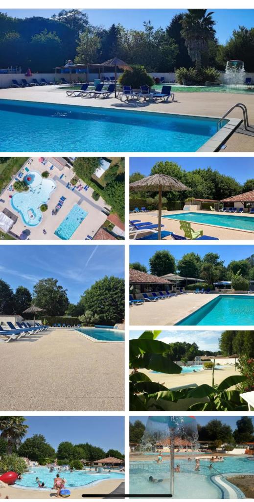 une série de quatre photos d'une piscine dans l'établissement Mobil home familial Landes, à Sainte-Eulalie-en-Born