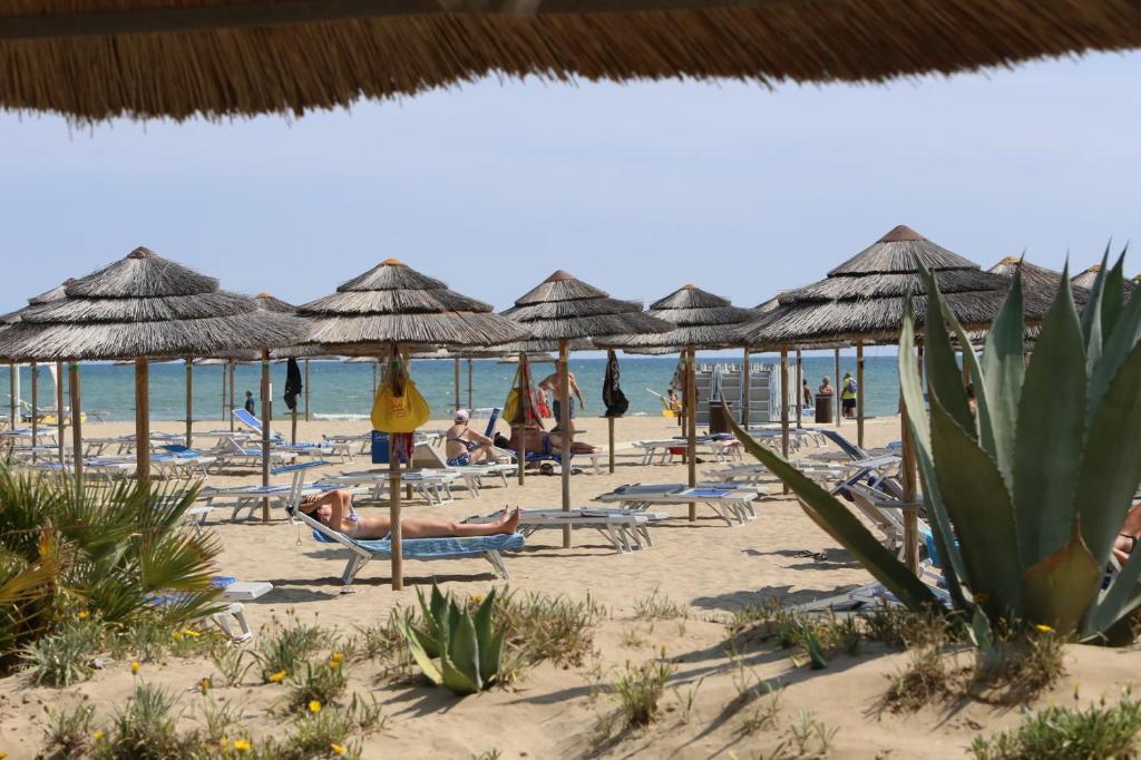 - une plage avec des chaises longues et des parasols dans l'établissement Hotel Leoni, à Rimini