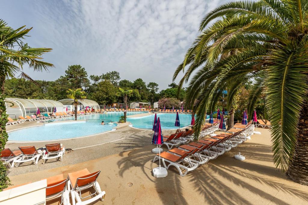une piscine avec chaises longues et palmiers dans l'établissement Mobilhome 6-8 personnes Cap Ferret, à Lège-Cap-Ferret