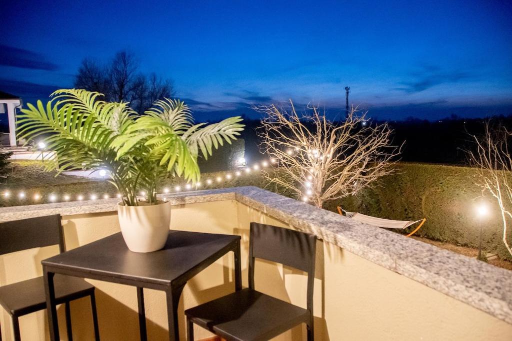 une plante dans un pot sur un balcon la nuit dans l'établissement Country Relais Villa Margherita, à Pralormo