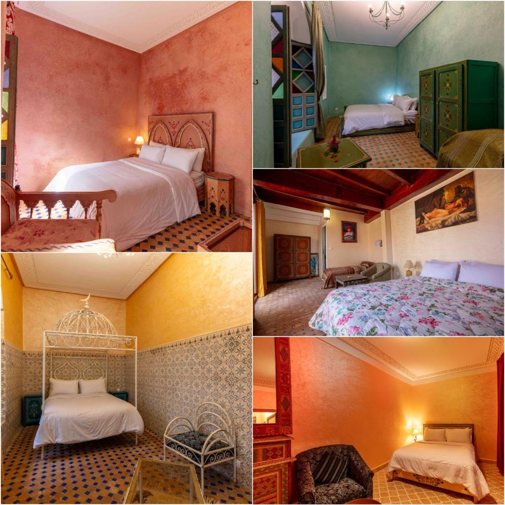 un collage de quatre photos d'une chambre d'hôtel dans l'établissement Riad Zinoun & Spa 11 Rooms, à Marrakech