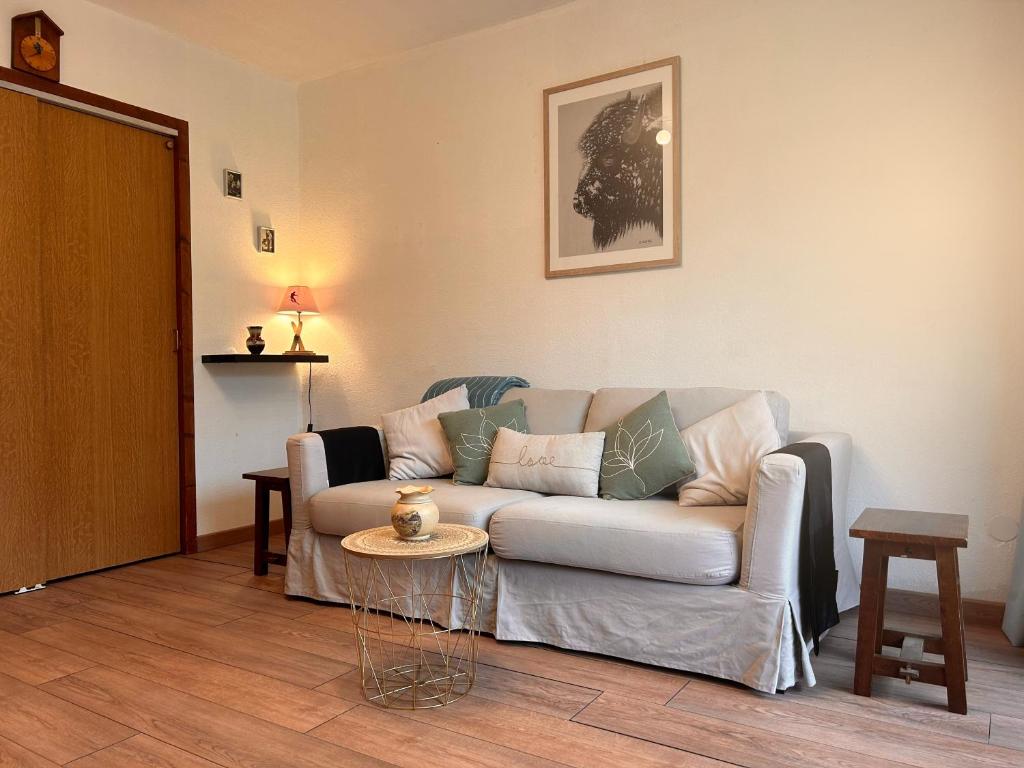 un salon avec un canapé et une table dans l'établissement Carla's Residences - Le Margériaz, à Aillon-le-Jeune