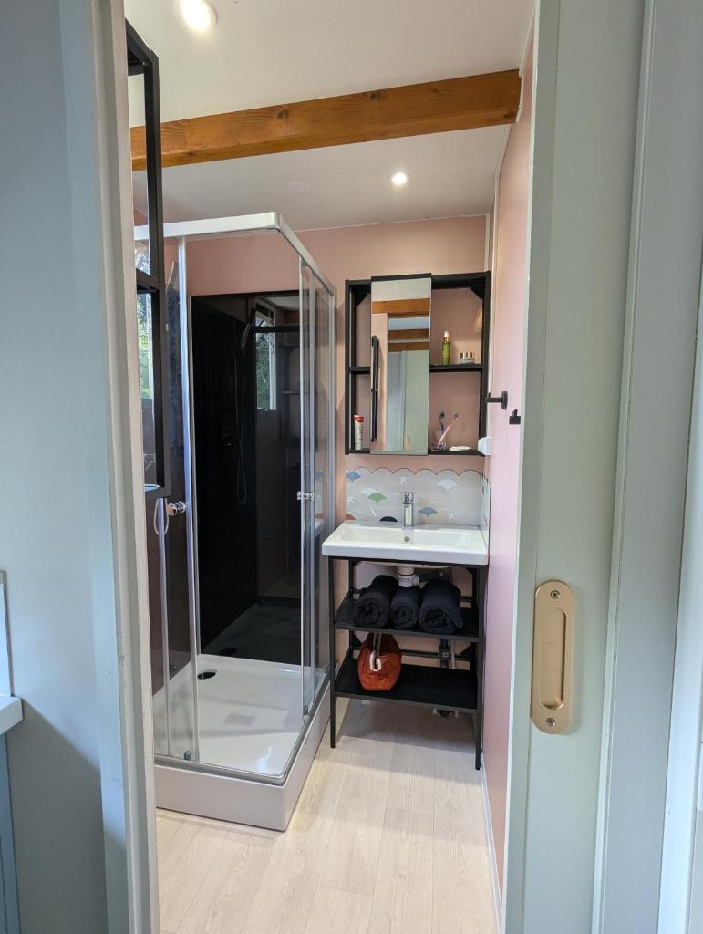 une salle de bain avec douche et lavabo dans l'établissement Camping TIKITI, à Propriano
