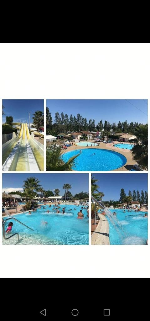 un collage de trois photos d'une piscine dans l'établissement Mobilhome beaux volumes ES40, à Fréjus