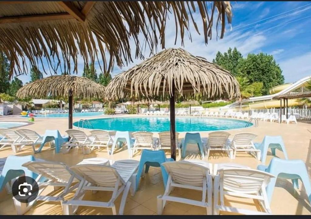un groupe de chaises et de parasols à côté d'une piscine dans l'établissement Mobilhome beaux volumes ES40, à Fréjus