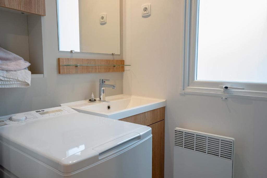 La petite salle de bains est pourvue d'un lavabo et d'un lave-linge. dans l'établissement La Cabane du Bassin, à Lège-Cap-Ferret