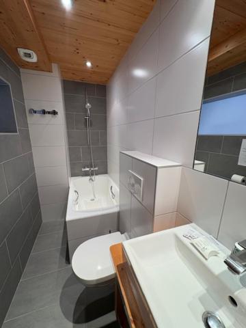une salle de bain avec des toilettes blanches et un lavabo dans l'établissement Le Rookie Mountain, au Grand-Bornand 37 autres photos