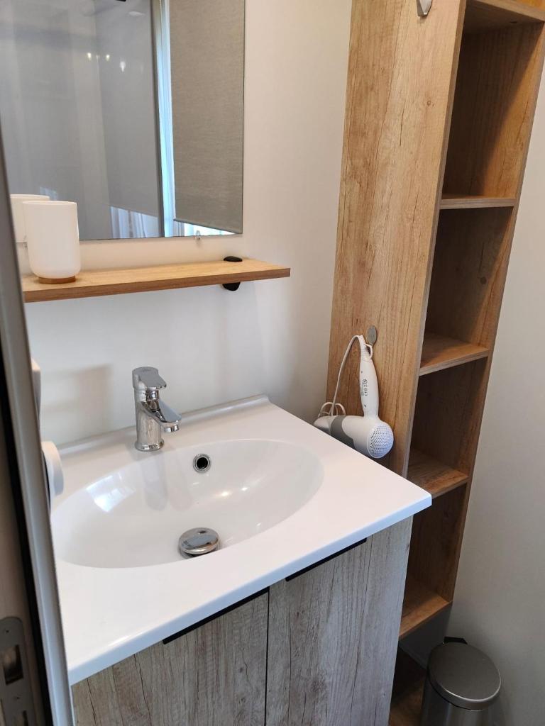 une salle de bain avec un lavabo et un miroir dans l'établissement Jolie Mobil Home climatisé 58, à Saint-Jean-de-Monts