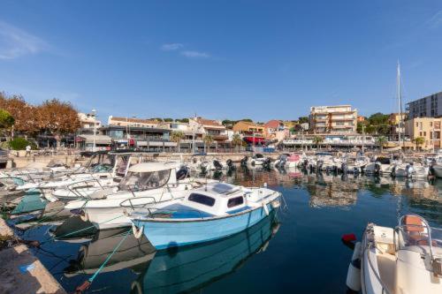 un groupe de bateaux est amarré dans un port dans l'établissement Mobil home tout confort côte bleue, à Carry-le-Rouet