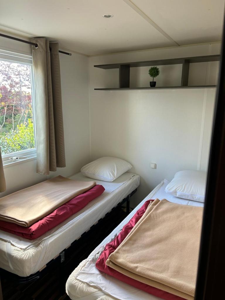 deux lits dans une chambre avec une fenêtre dans l'établissement LES PIERRES CHAUDES, à Veyrignac 3 autres photos