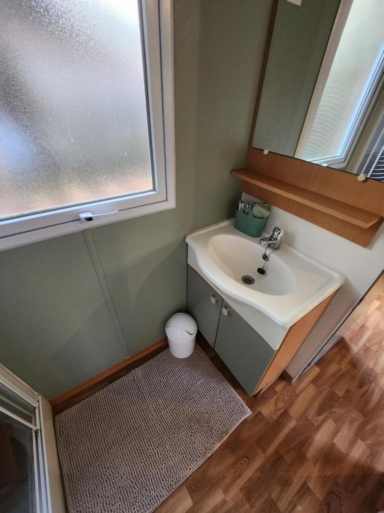 une salle de bain avec un lavabo et un miroir dans l'établissement Mobilhome les pieds dans l eau avec piscine, à Saint-Gérons