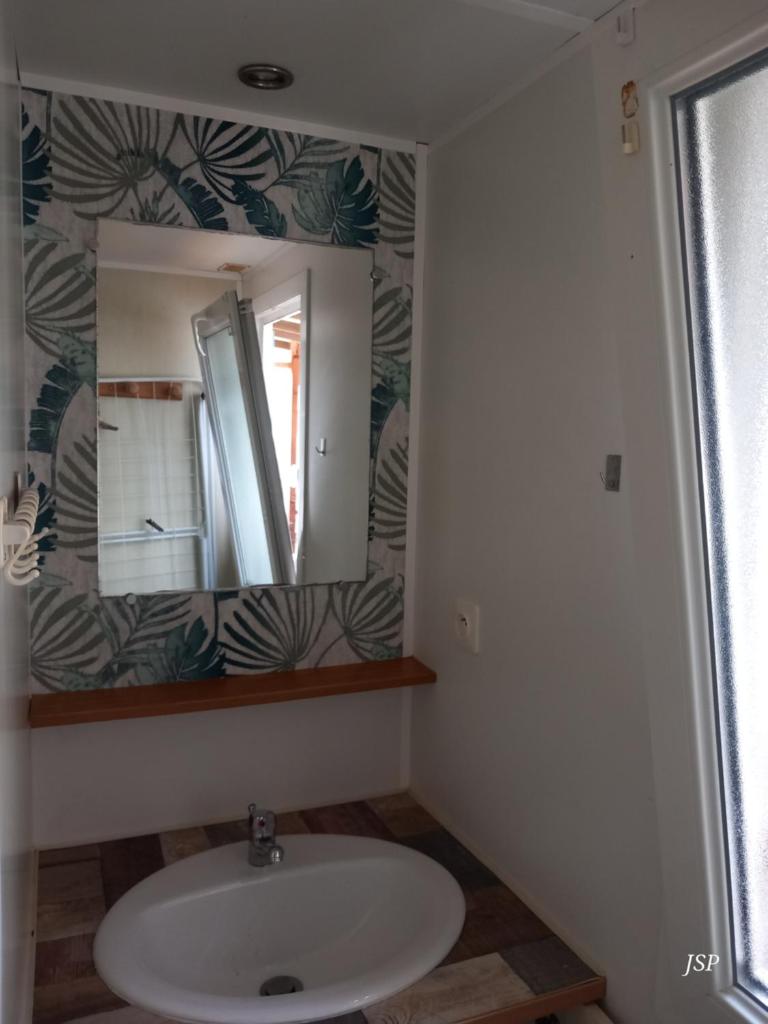 une salle de bain avec un lavabo et un miroir dans l'établissement Mobilhome Les volets bleus, à Vaudreuille