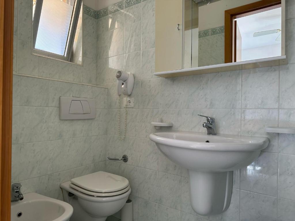 une salle de bain avec un lavabo, des toilettes et un miroir dans l'établissement Affittacamere Il Giardino, à Alba Adriatica