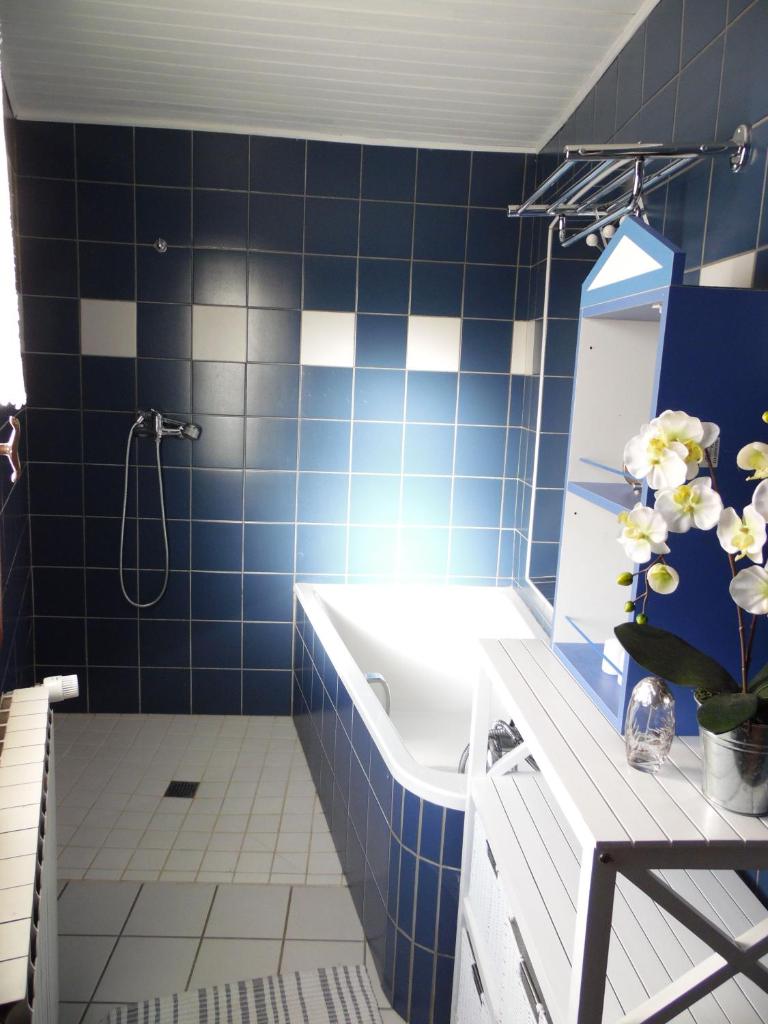 une salle de bain carrelée bleue avec un lavabo et une douche dans l'établissement Gîte Vacances en Auvergne, à Saint-Géron