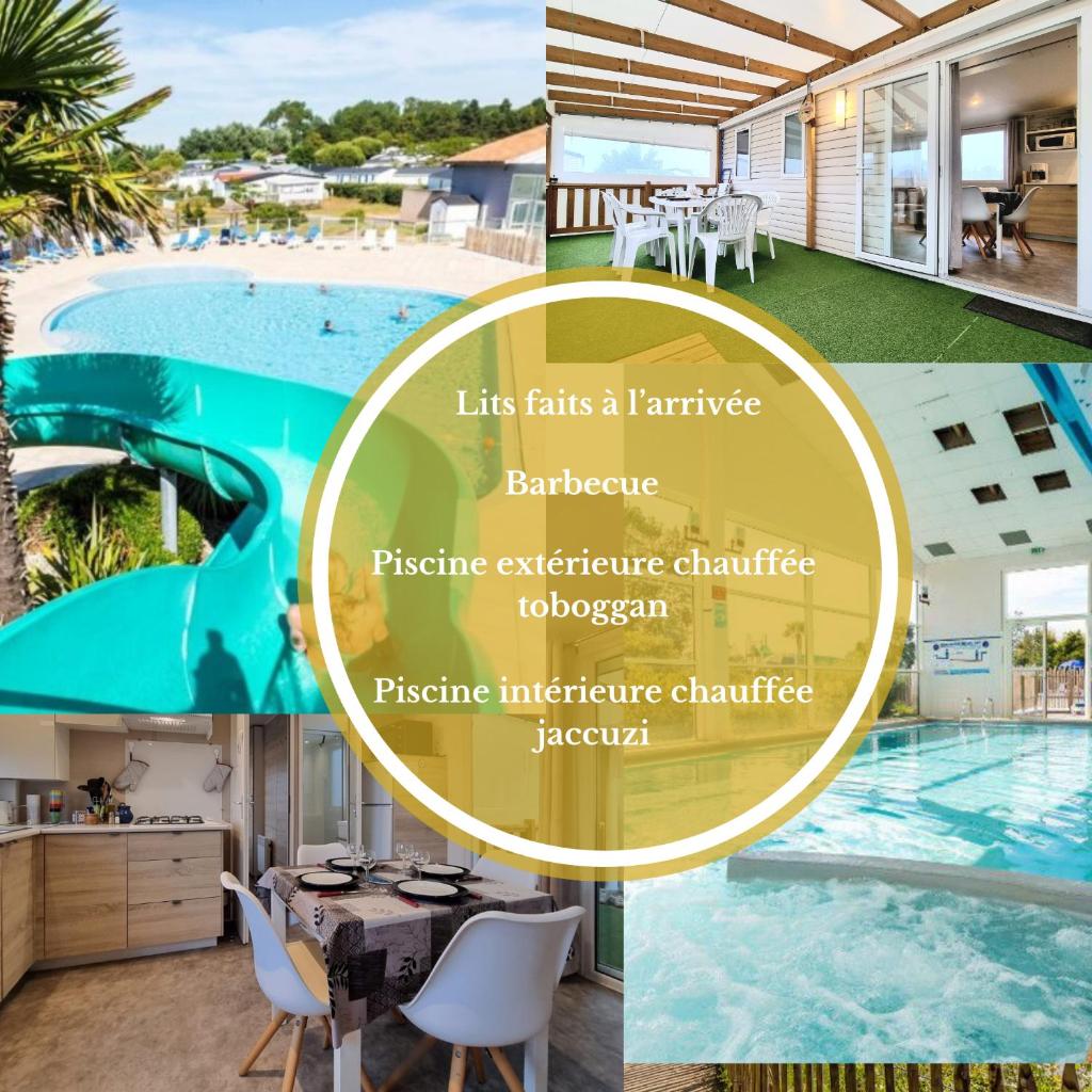 un collage de photos d'une piscine et d'une maison dans l'établissement Mobil home tout confort dans parc résidentiel de loisirs, à Saint-Hilaire-de-Riez