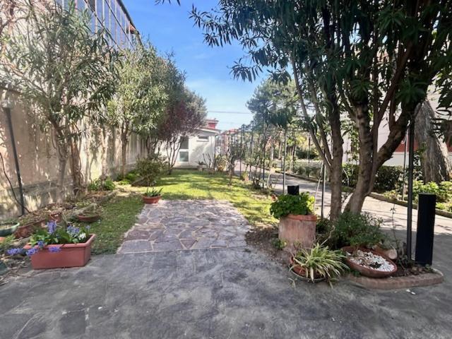 un jardin avec des plantes en pot et un chemin en pierre dans l'établissement Hotel VILLA PINA, à Senigallia