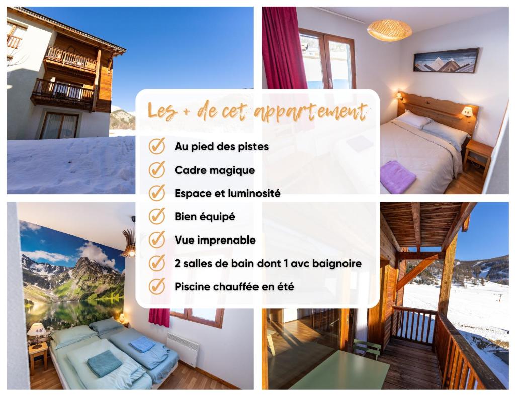 un collage de photos d'une chambre d'hôtel dans l'établissement Bel appartement 6pers lumineux - Arvieux - Parc naturel du Queyras, à Arvieux