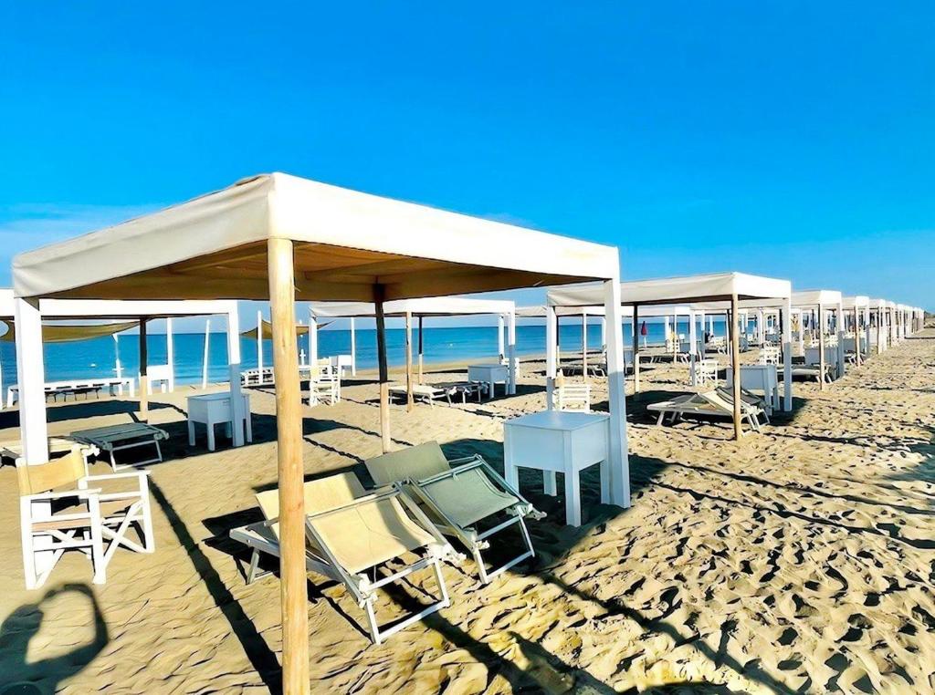 - une rangée de parasols et de chaises sur une plage dans l'établissement Regina Del Mare Holiday Apartments, à Tirrenia